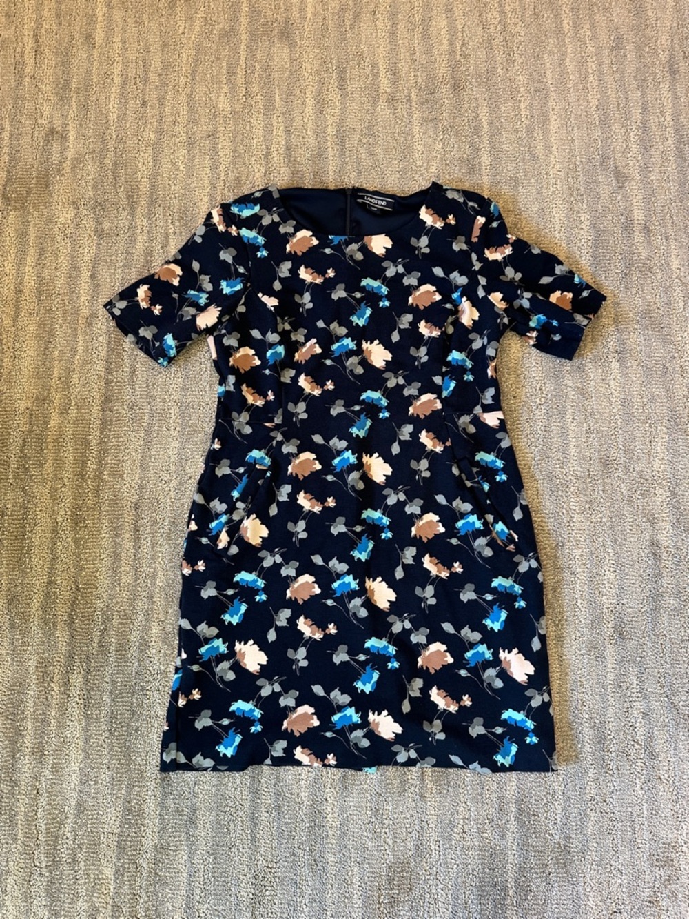 Lands' End Navy Floral Midi Dress with Blue & Tan Accents